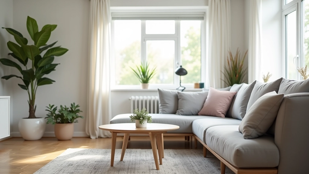 Modern living room with comfortable seating, natural light from windows, and minimalist decor showing a well-designed home space