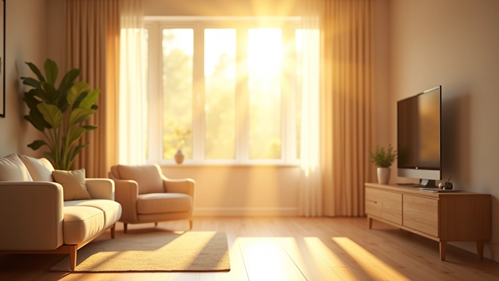 Sunlight streaming through window illuminating dust particles floating in air of living room