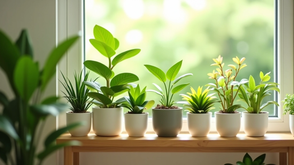 Collection of green indoor houseplants in pots arranged on windowsill and shelves in bright room