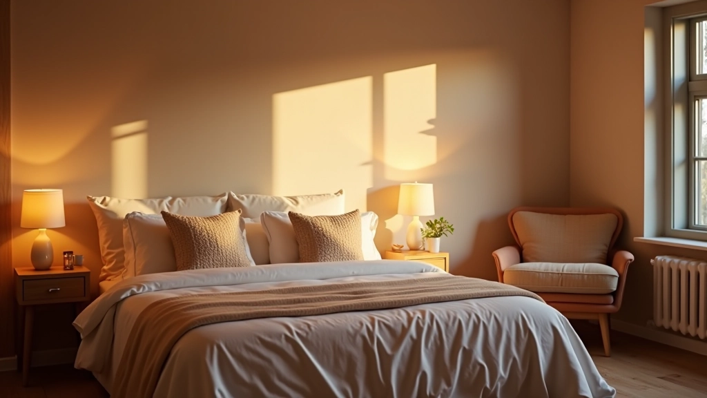Cosy bedroom with soft warm lighting, comfortable bedding, and neutral tones creating relaxing atmosphere