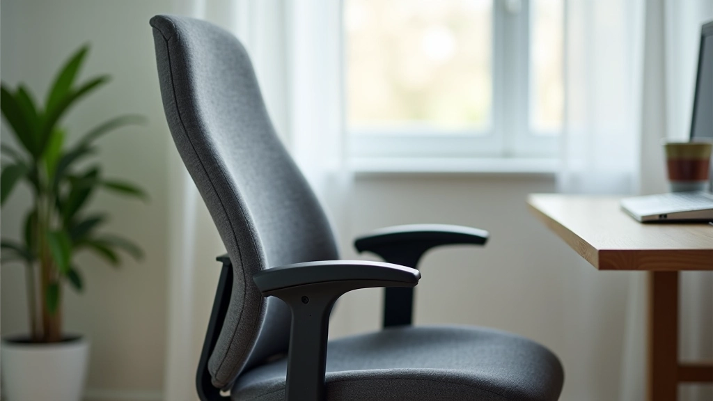 Ergonomic office chair with proper lumbar support, headrest, and adjustable armrests, demonstrating correct sitting posture