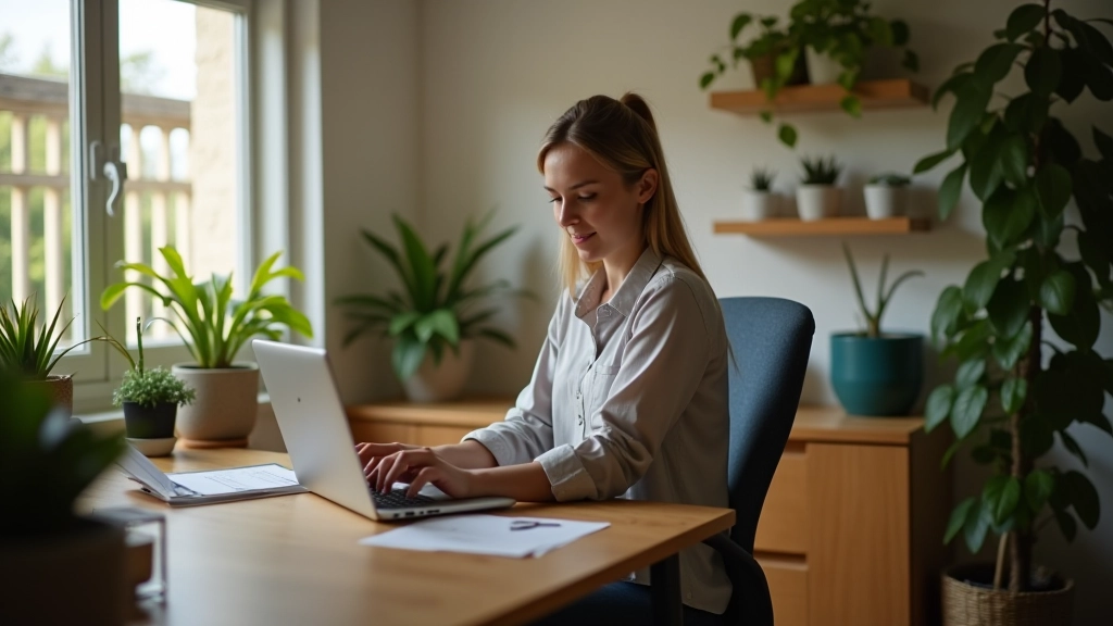 Ergonomic home workspace with proper furniture setup and natural lighting