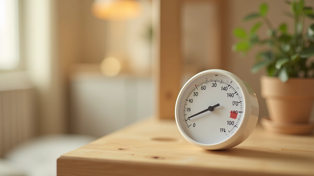 Hygrometer device on shelf showing humidity percentage reading in home environment