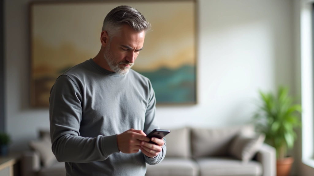 Mature homeowner in casual clothing standing in modern living room, looking at smartphone with relaxed expression, natural window lighting