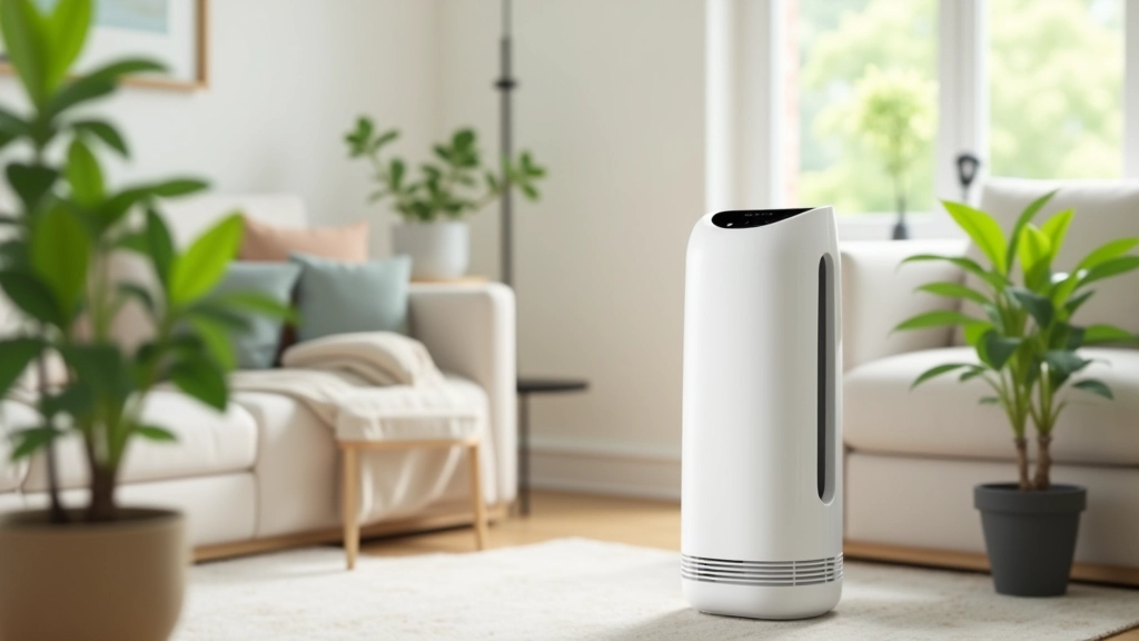 Modern air purifier in living room corner with potted plants nearby, demonstrating air quality improvement setup