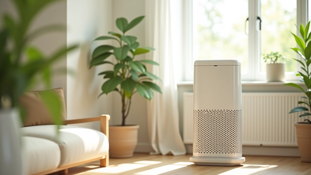 Modern air purifier unit standing in corner of bright living room with plants and natural light