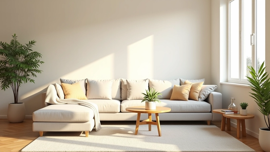 Living room with warm neutral tones, comfortable seating arrangement, natural light from large windows, and cozy throw blankets