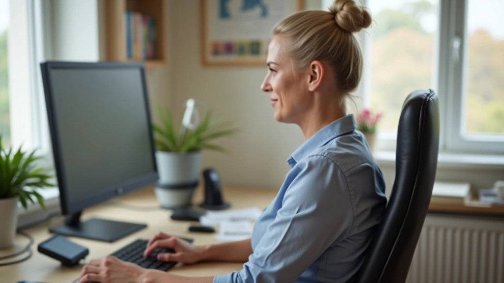 Person sitting at desk demonstrating correct posture with chair positioned properly at desk height