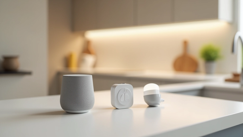 Smart home devices including voice speaker, smart lighting controls, and digital thermostat displayed on modern kitchen counter