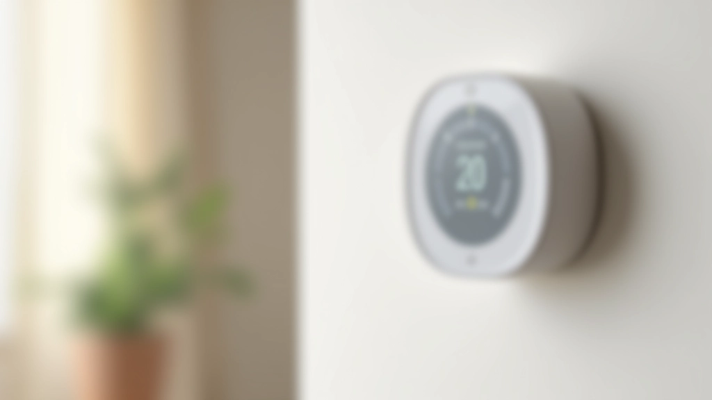 Smart thermostat on wall showing temperature control with comfortable room temperature setting displayed