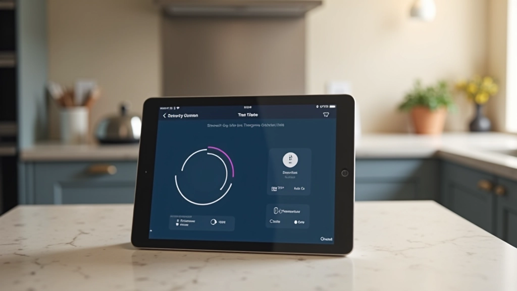 Overhead view of smart home control interface displayed on tablet, showing temperature controls, lighting levels, and device status indicators with modern kitchen visible around device
