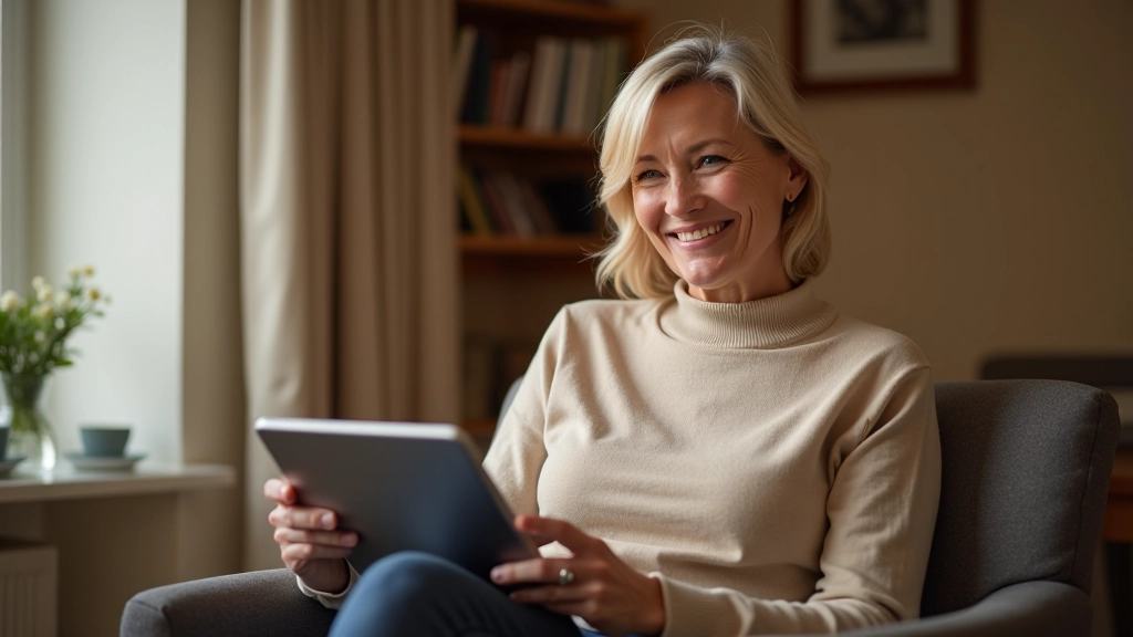 Mature woman in comfortable home setting, relaxing in modern chair with tablet showing smart home controls, warm home lighting, peaceful expression